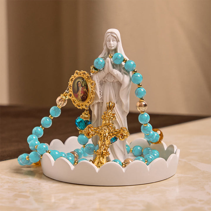 Christianartworkshop GEBETSVOLLER GLAUBE: Handgefertigter Rosenkranz aus Türkis- und Goldlegierung mit Geschenkkarte - image 12