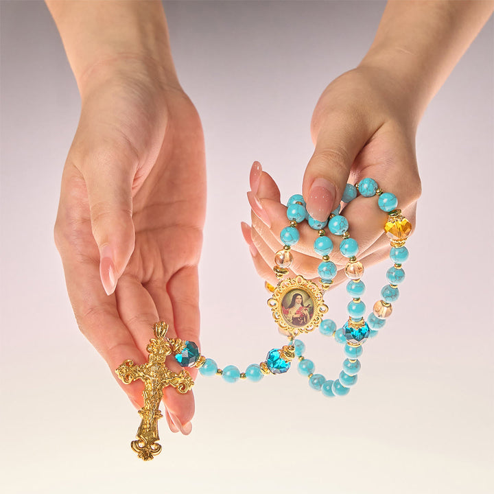 Christianartworkshop GEBETSVOLLER GLAUBE: Handgefertigter Rosenkranz aus Türkis- und Goldlegierung mit Geschenkkarte - image 10