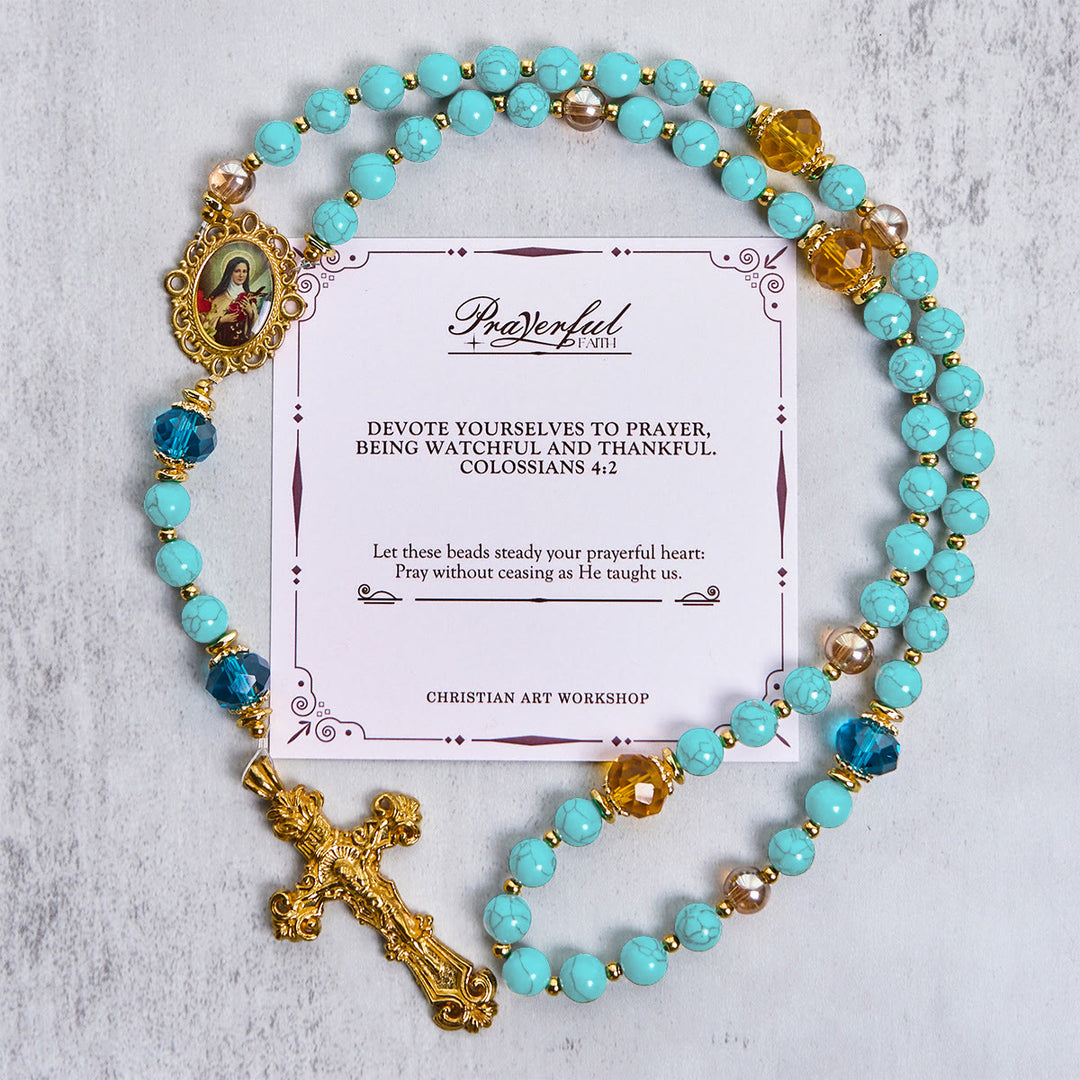 Christianartworkshop GEBETSVOLLER GLAUBE: Handgefertigter Rosenkranz aus Türkis- und Goldlegierung mit Geschenkkarte - GEBETSVOLLER GLAUBE - image 1