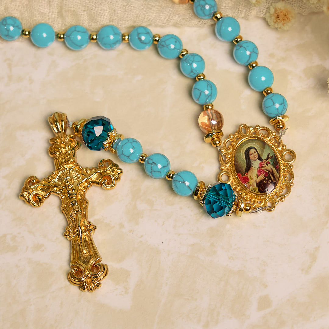 Christianartworkshop GEBETSVOLLER GLAUBE: Handgefertigter Rosenkranz aus Türkis- und Goldlegierung mit Geschenkkarte - image 9