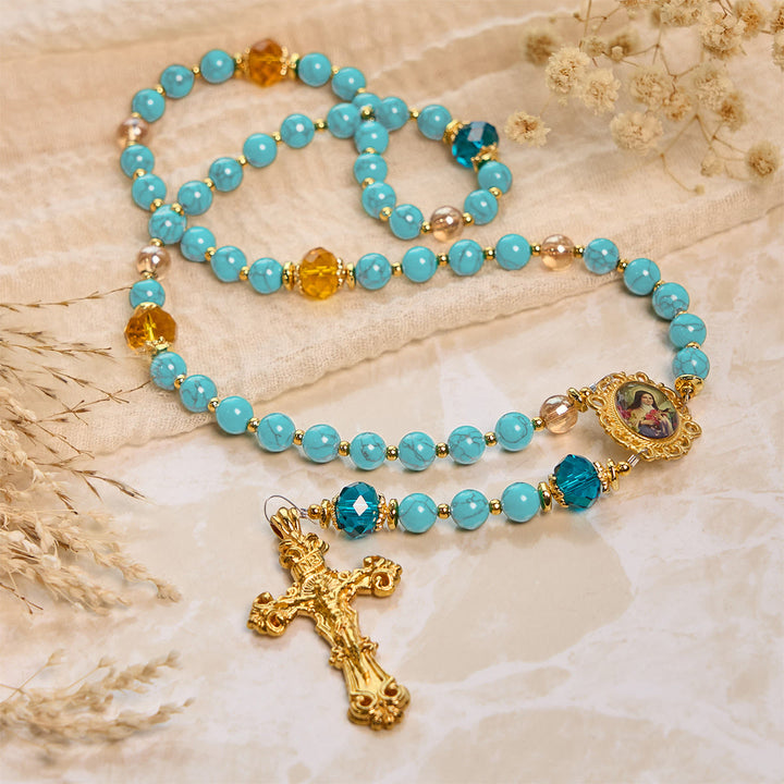Christianartworkshop GEBETSVOLLER GLAUBE: Handgefertigter Rosenkranz aus Türkis- und Goldlegierung mit Geschenkkarte - image 6