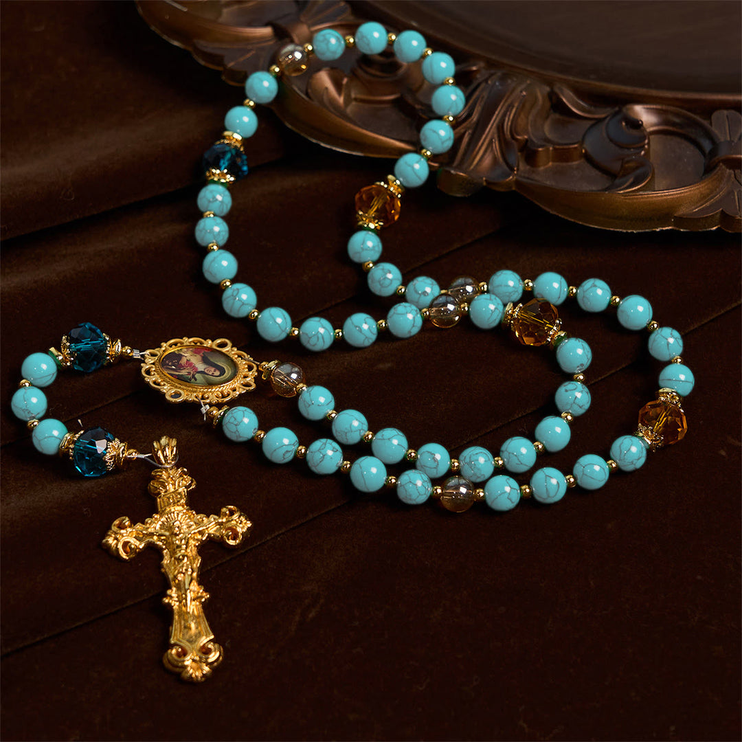 Christianartworkshop GEBETSVOLLER GLAUBE: Handgefertigter Rosenkranz aus Türkis- und Goldlegierung mit Geschenkkarte - image 2