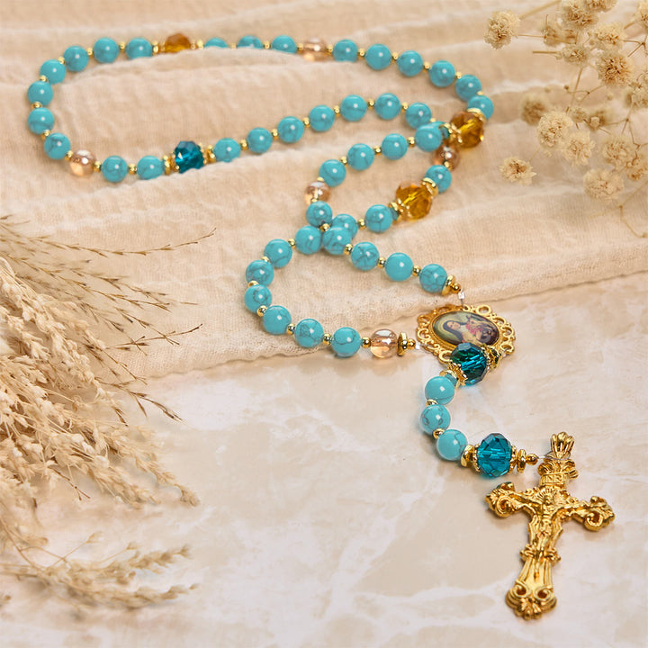 Christianartworkshop GEBETSVOLLER GLAUBE: Handgefertigter Rosenkranz aus Türkis- und Goldlegierung mit Geschenkkarte - image 13