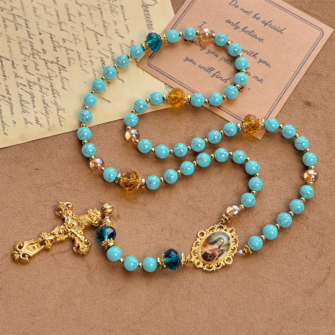 Christianartworkshop GEBETSVOLLER GLAUBE: Handgefertigter Rosenkranz aus Türkis- und Goldlegierung mit Geschenkkarte - image 5