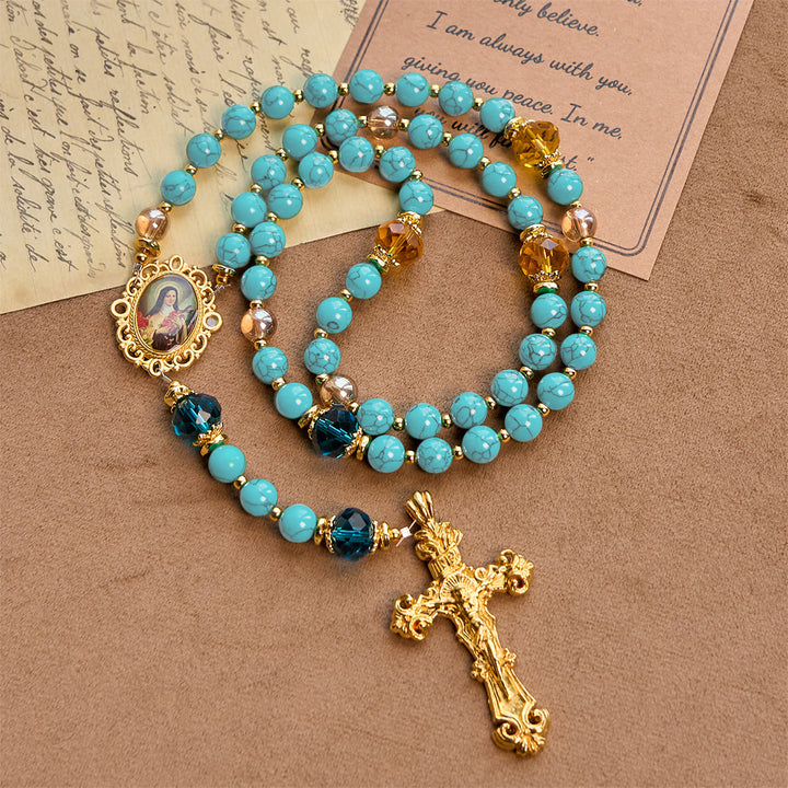 Christianartworkshop GEBETSVOLLER GLAUBE: Handgefertigter Rosenkranz aus Türkis- und Goldlegierung mit Geschenkkarte - image 4