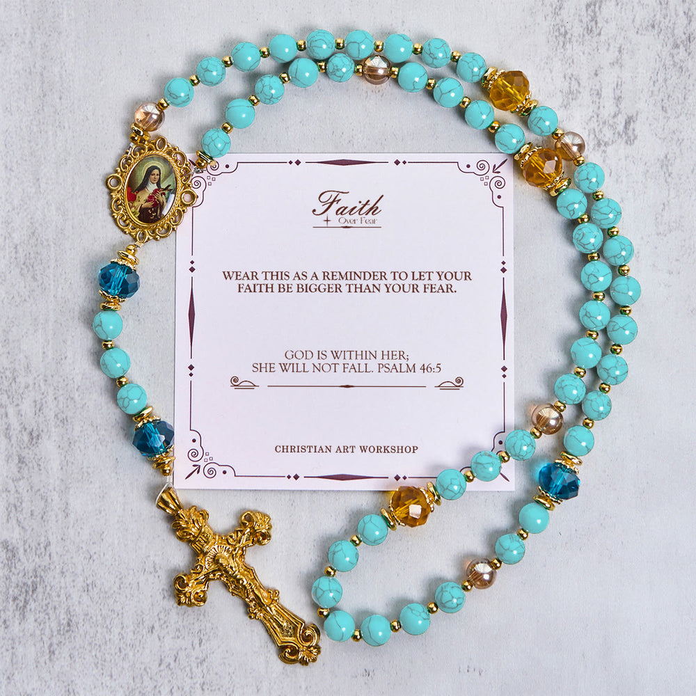 Christianartworkshop GEBETSVOLLER GLAUBE: Handgefertigter Rosenkranz aus Türkis- und Goldlegierung mit Geschenkkarte - GLAUBE STATT ANGST - image 2