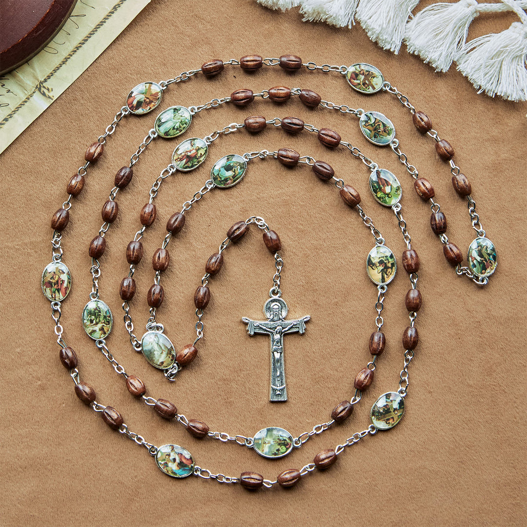 Christianartworkshop Vintage-Rosenkranz mit 15 Stationen, mit natürlichen Holzperlen und Anhängern mit Heiligenporträts - 15-Stationen-Rosenkranz - image 1
