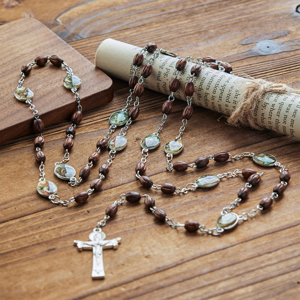 Christianartworkshop Vintage-Rosenkranz mit 15 Stationen, mit natürlichen Holzperlen und Anhängern mit Heiligenporträts - image 2