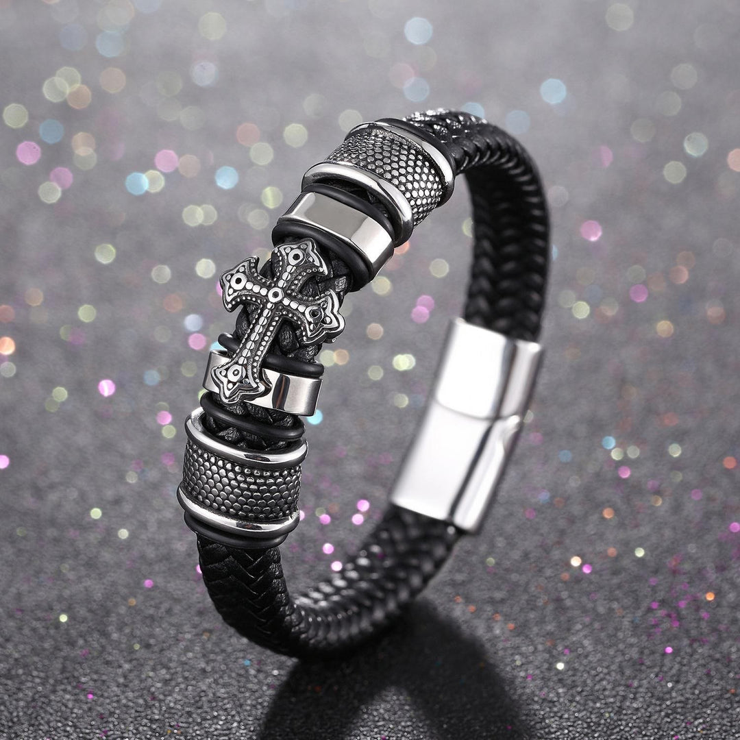 Christianartworkshop Klassisches zweifarbiges Lederarmband mit Heiligem Kreuz und geflochtenem Design - Silber - image 1