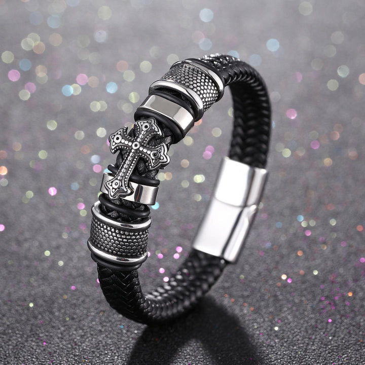 Christianartworkshop Klassisches zweifarbiges Lederarmband mit Heiligem Kreuz und geflochtenem Design - Silber - image 1
