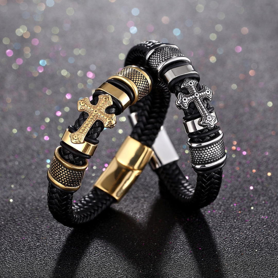 Christianartworkshop Klassisches zweifarbiges Lederarmband mit Heiligem Kreuz und geflochtenem Design - image 4