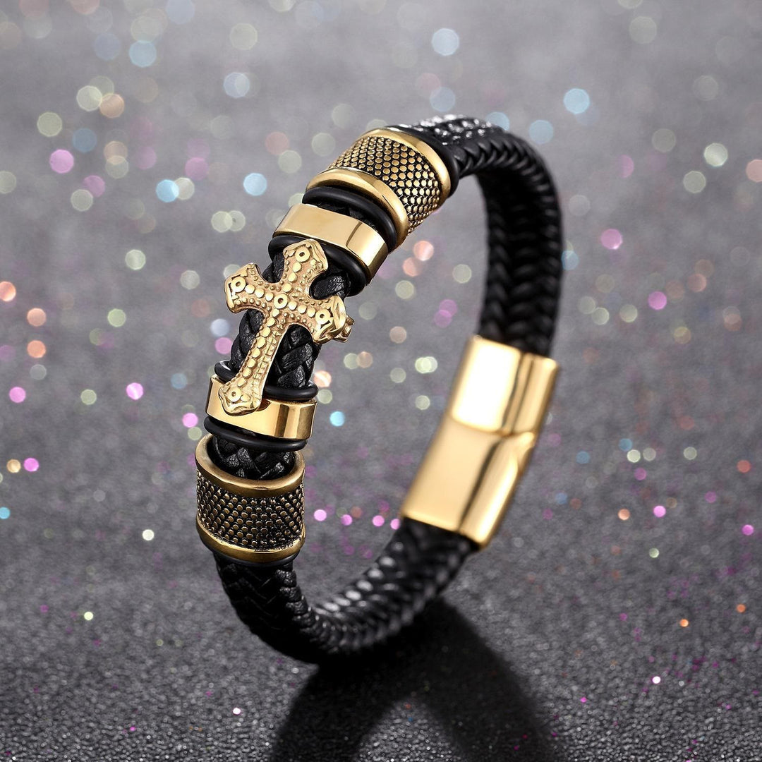 Christianartworkshop Klassisches zweifarbiges Lederarmband mit Heiligem Kreuz und geflochtenem Design - Golden - image 3