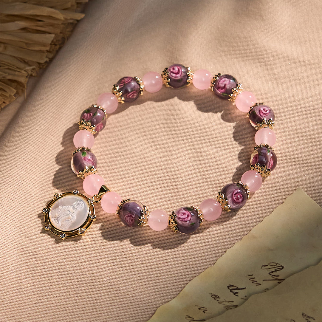 Christianartworkshop Handgefertigtes Armband aus Rosenquarz-Glaubenskristall mit Narce-Kamee der Jungfrau Maria - Rosenquarz - image 1