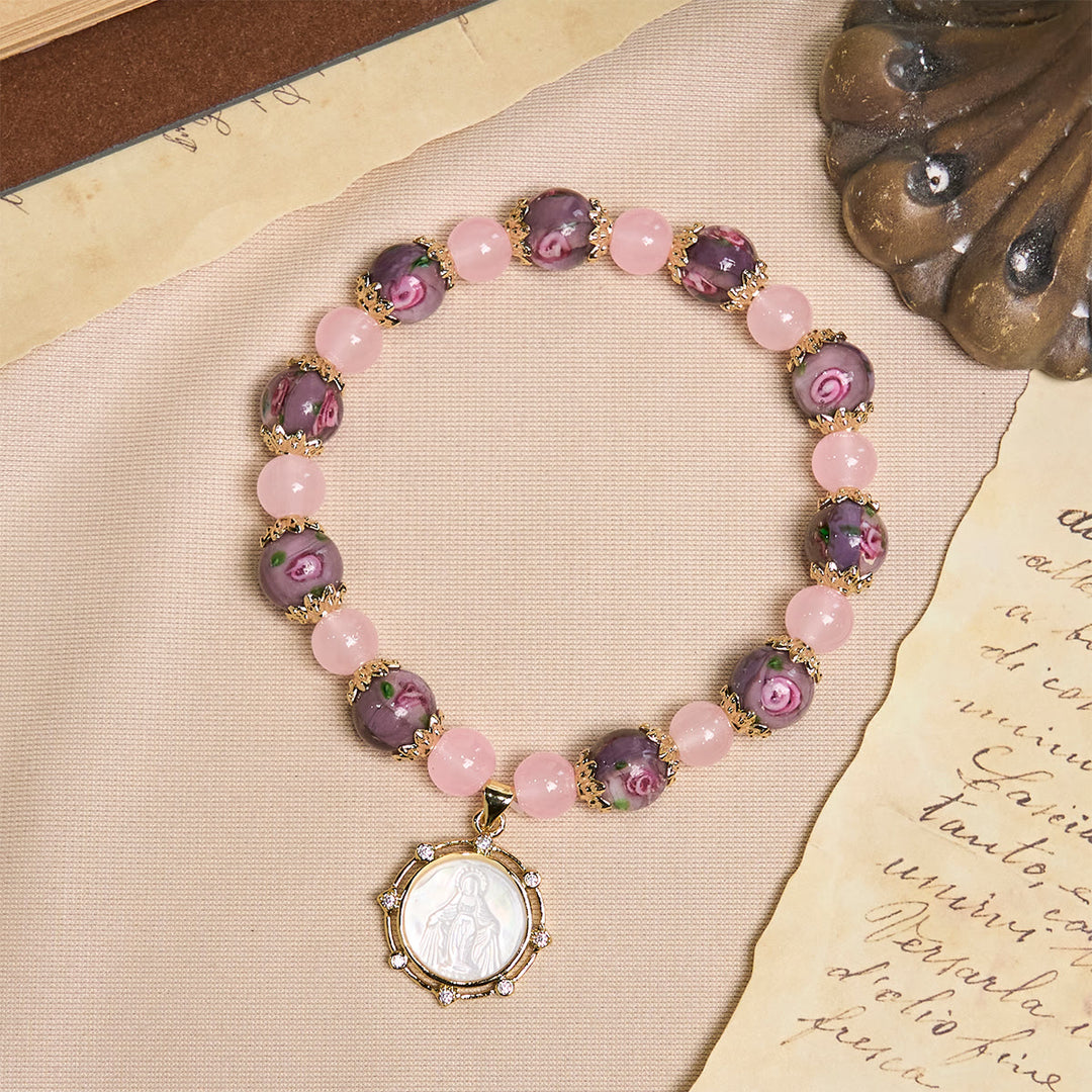 Christianartworkshop Handgefertigtes Armband aus Rosenquarz-Glaubenskristall mit Narce-Kamee der Jungfrau Maria - image 2