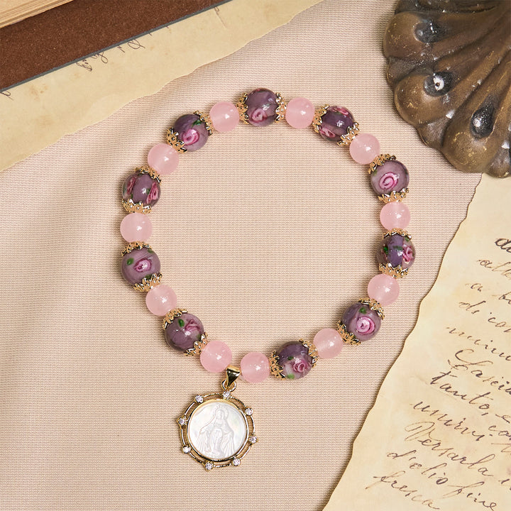 Christianartworkshop Handgefertigtes Armband aus Rosenquarz-Glaubenskristall mit Narce-Kamee der Jungfrau Maria - image 2