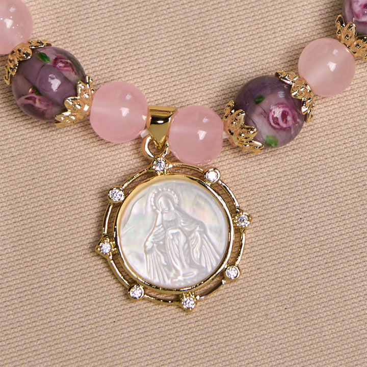 Christianartworkshop Handgefertigtes Armband aus Rosenquarz-Glaubenskristall mit Narce-Kamee der Jungfrau Maria - image 4