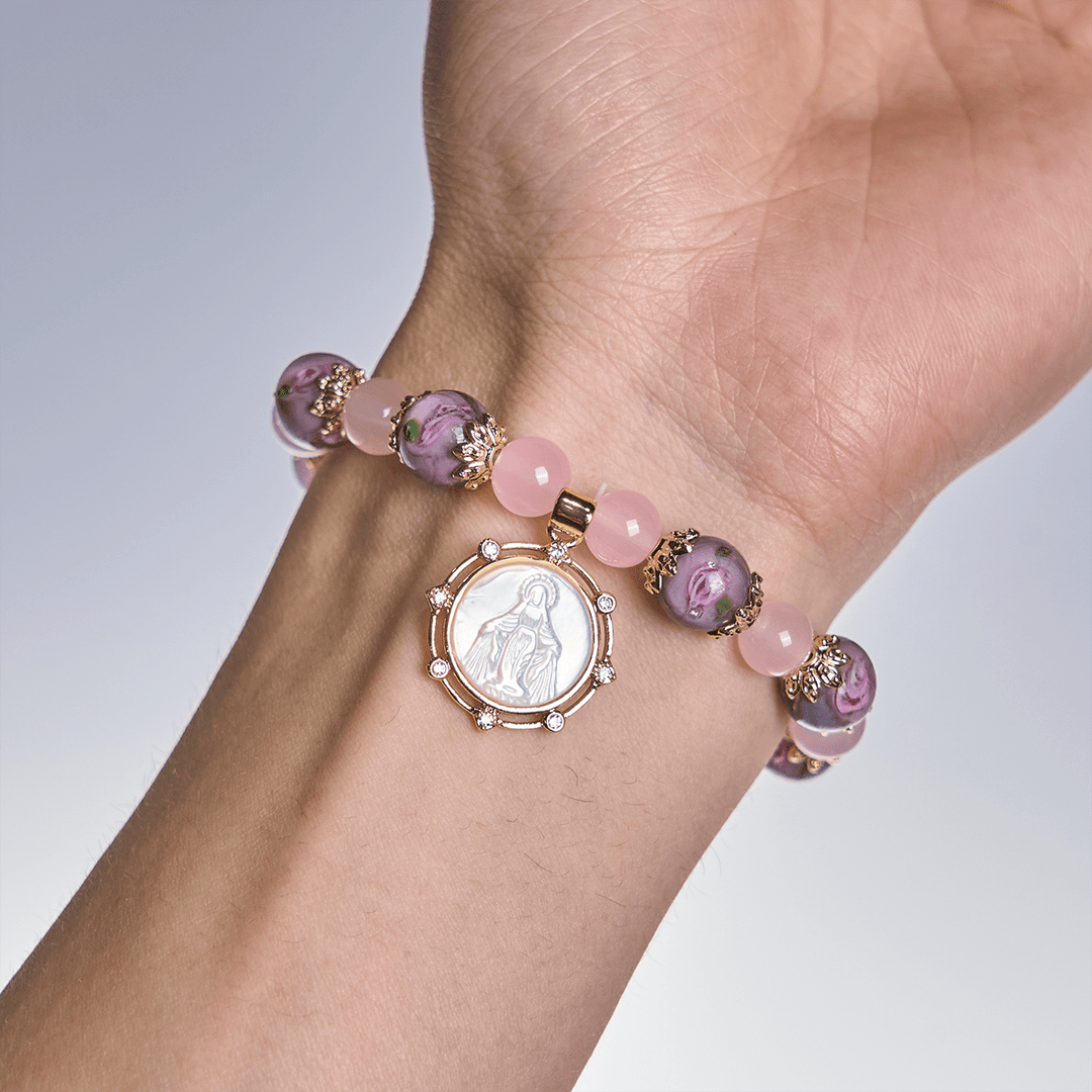Christianartworkshop Handgefertigtes Armband aus Rosenquarz-Glaubenskristall mit Narce-Kamee der Jungfrau Maria - image 1