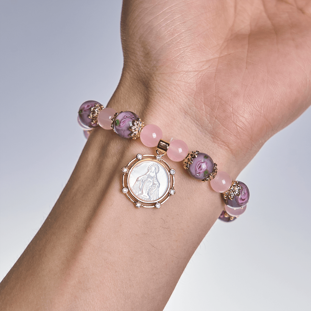 Christianartworkshop Handgefertigtes Armband aus Rosenquarz-Glaubenskristall mit Narce-Kamee der Jungfrau Maria - image 2