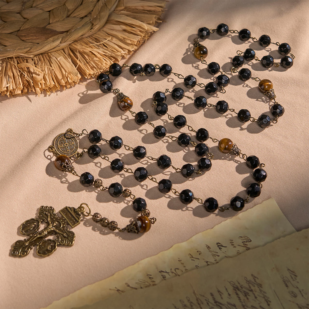 Christianartworkshop Rosenkranz aus Obsidian-Tigerauge-Perlen im Vintage-Stil mit Pardon-Kruzifix und St. Benedikt - Kruzifix & St. Benedikt - image 1