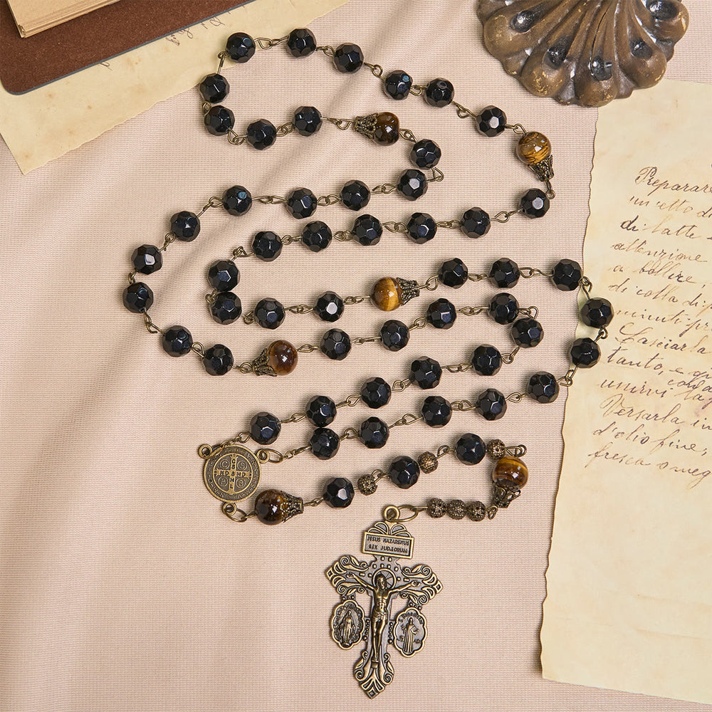 Christianartworkshop Rosenkranz aus Obsidian-Tigerauge-Perlen im Vintage-Stil mit Pardon-Kruzifix und St. Benedikt - image 2