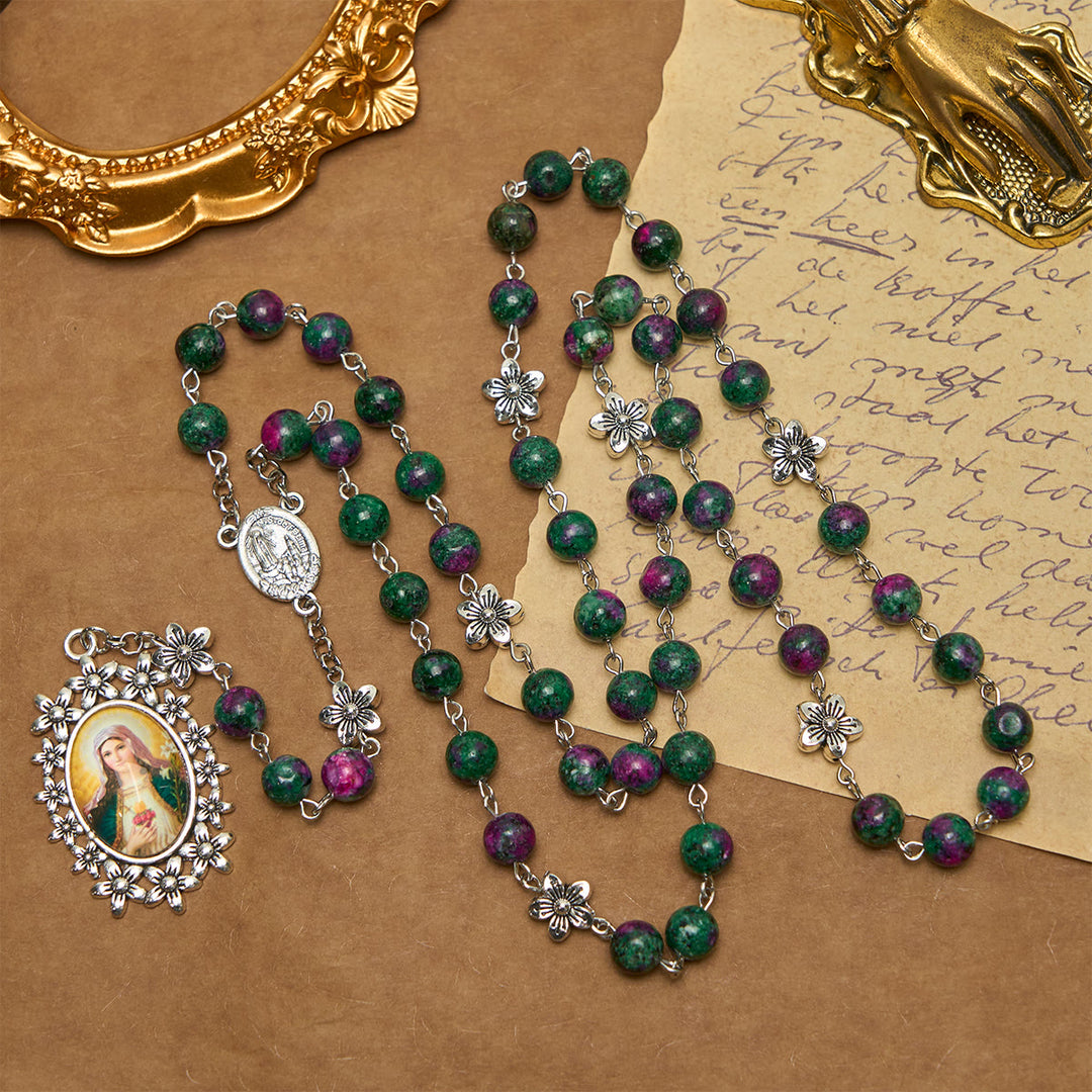 Christianartworkshop Exquisiter Rosenkranz der 7 Leiden, grüne Perlen, mit Blumenanhänger und Wundertätiger Medaille - Unsere Liebe Frau - image 1
