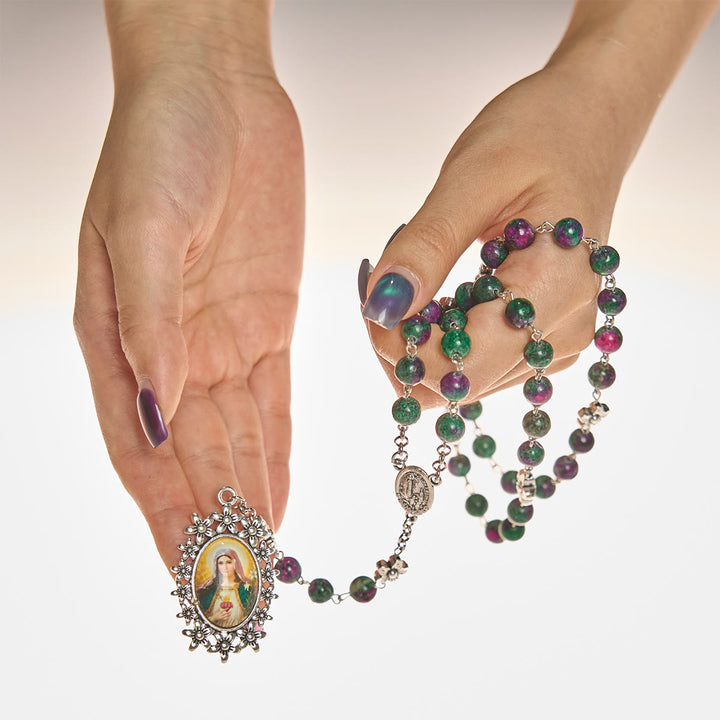 Christianartworkshop Exquisiter Rosenkranz der 7 Leiden, grüne Perlen, mit Blumenanhänger und Wundertätiger Medaille - image 8