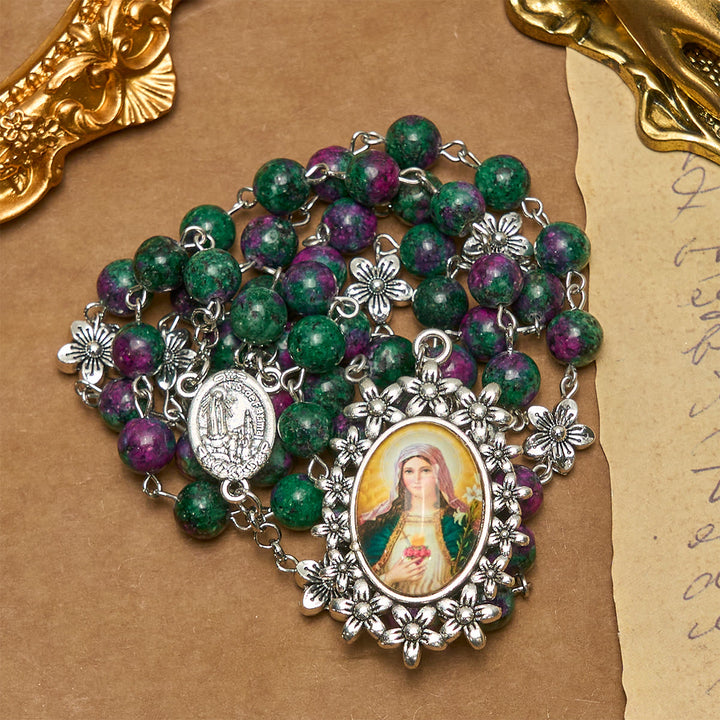 Christianartworkshop Exquisiter Rosenkranz der 7 Leiden, grüne Perlen, mit Blumenanhänger und Wundertätiger Medaille - image 7