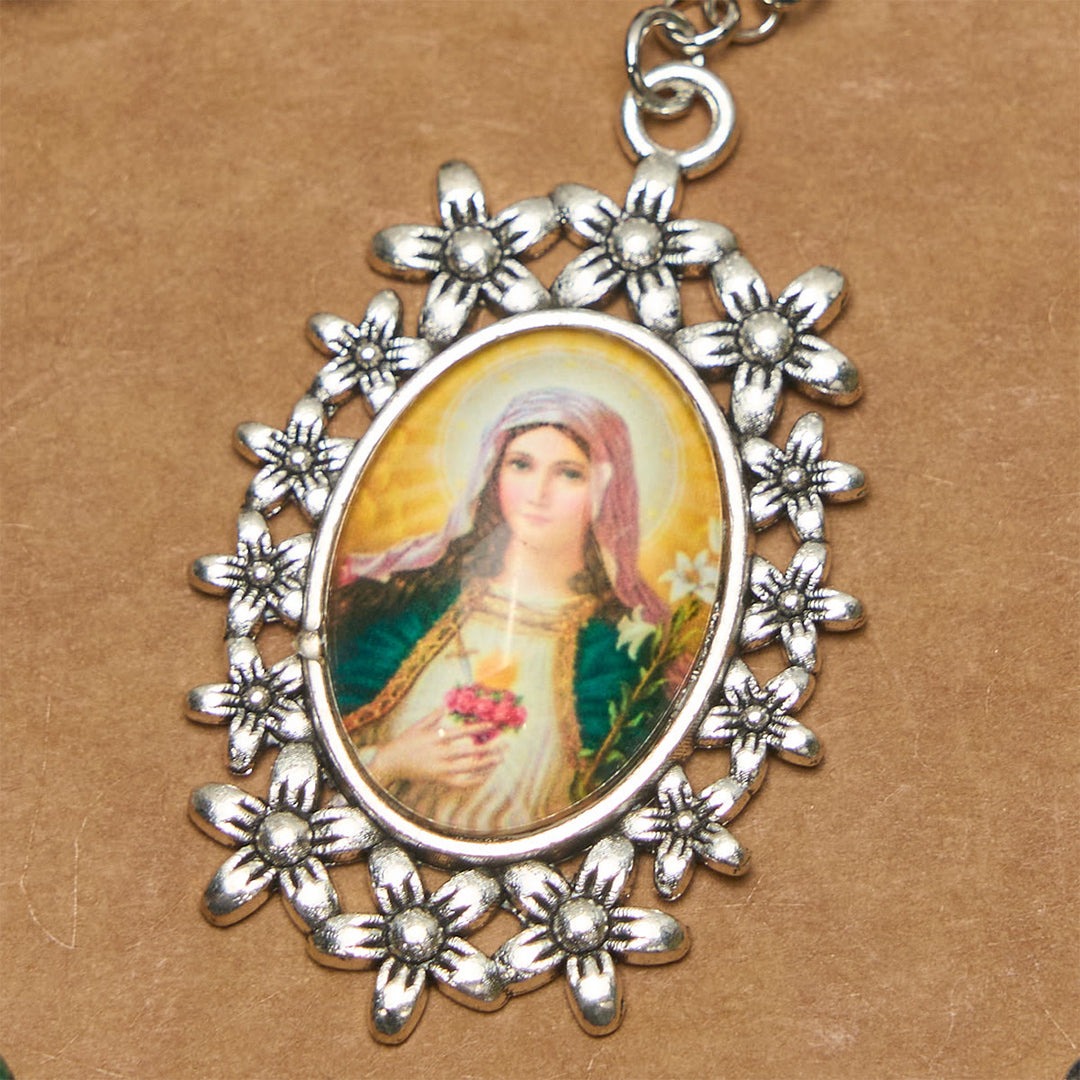 Christianartworkshop Exquisiter Rosenkranz der 7 Leiden, grüne Perlen, mit Blumenanhänger und Wundertätiger Medaille - image 5