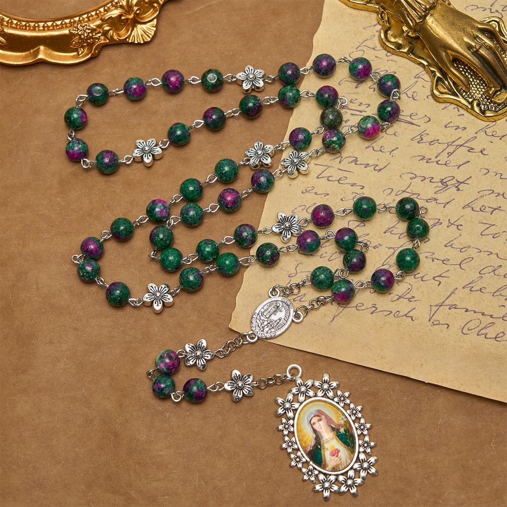 Christianartworkshop Exquisiter Rosenkranz der 7 Leiden, grüne Perlen, mit Blumenanhänger und Wundertätiger Medaille - image 2