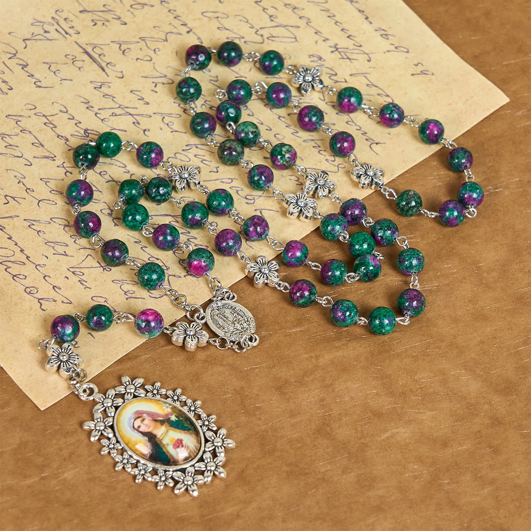 Christianartworkshop Exquisiter Rosenkranz der 7 Leiden, grüne Perlen, mit Blumenanhänger und Wundertätiger Medaille - image 4