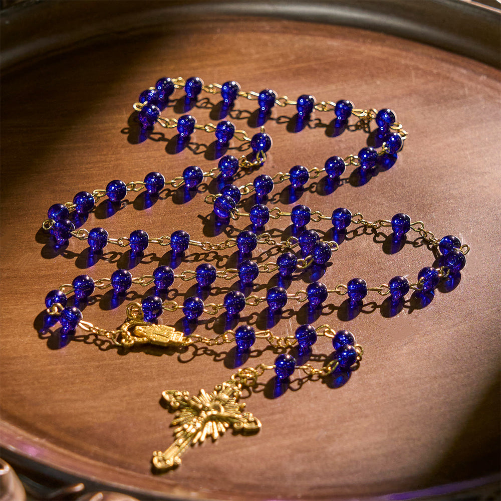 Christianartworkshop Rosenkranz aus tiefblauen Glasperlen mit Heiliger Wundertätiger Medaille und INRI-Kruzifix - image 2