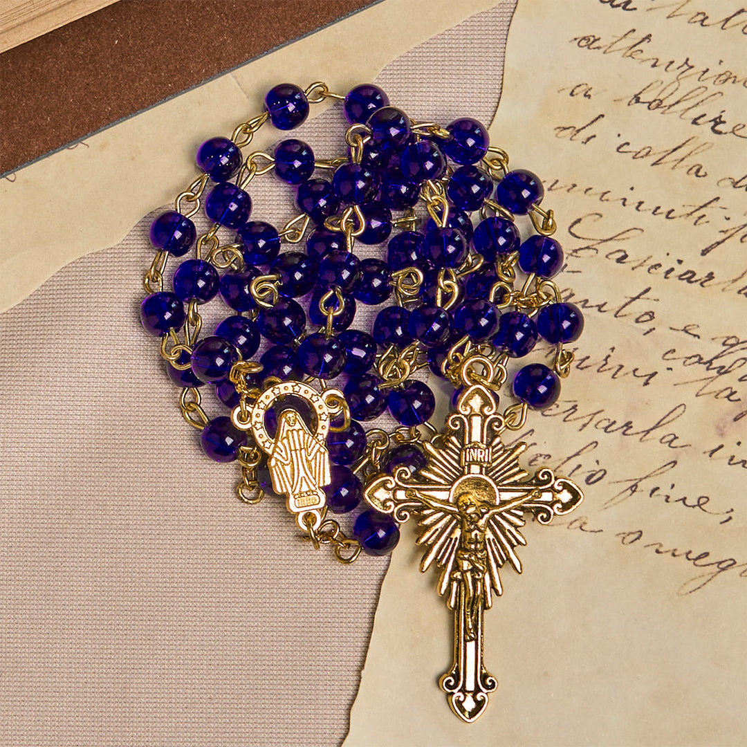 Christianartworkshop Rosenkranz aus tiefblauen Glasperlen mit Heiliger Wundertätiger Medaille und INRI-Kruzifix - image 8