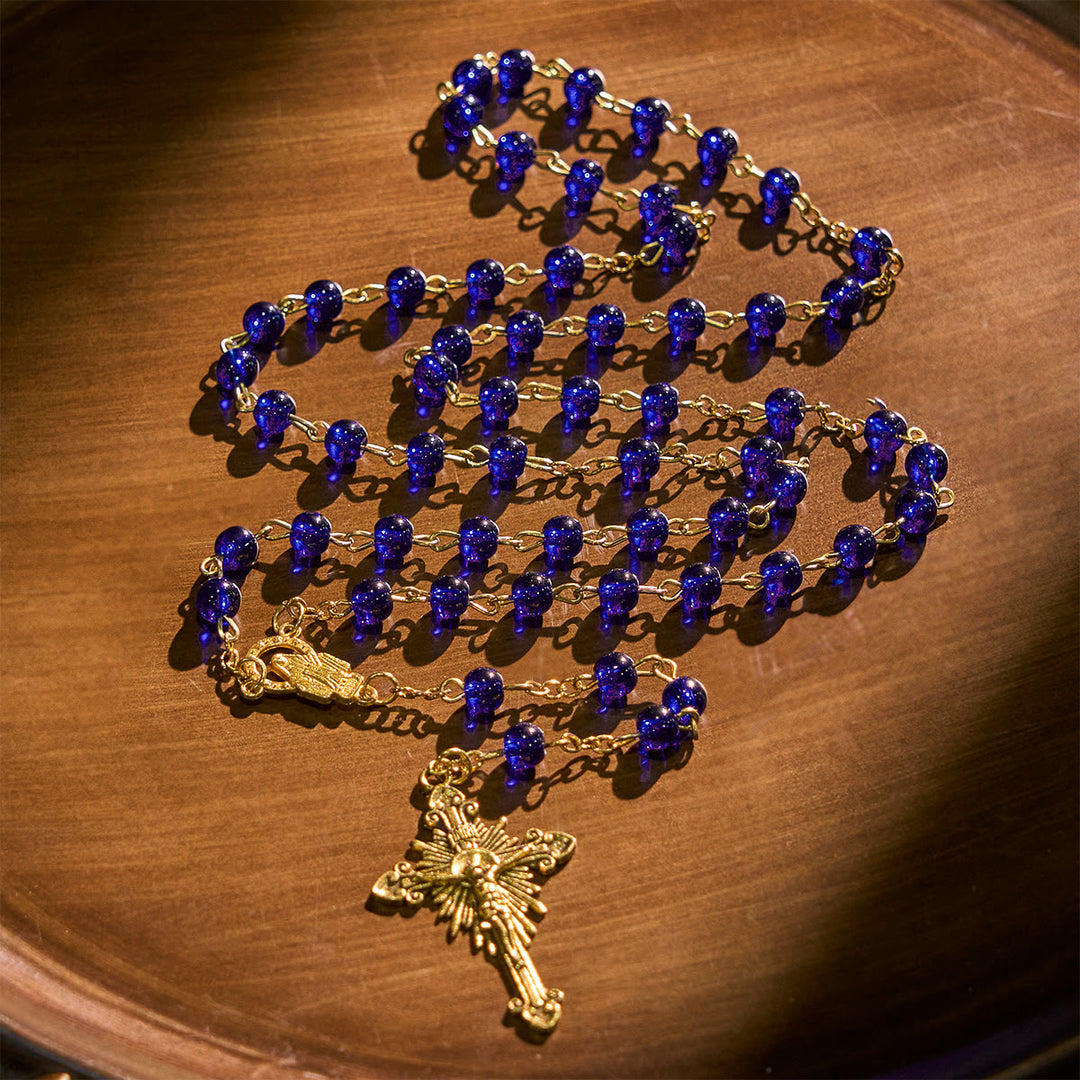 Christianartworkshop Rosenkranz aus tiefblauen Glasperlen mit Heiliger Wundertätiger Medaille und INRI-Kruzifix - image 3