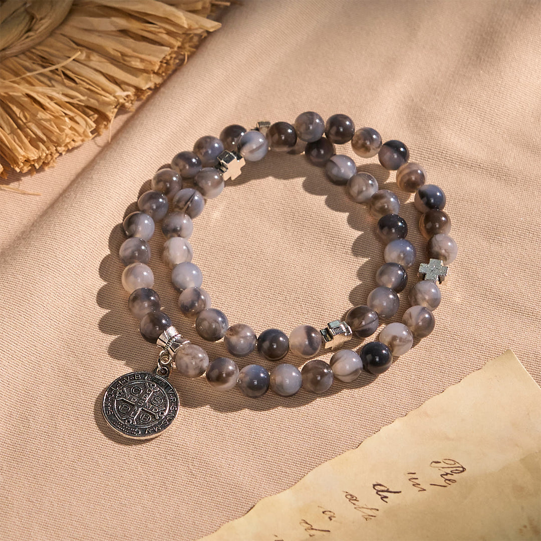 Christianartworkshop Armband mit Perlen in Grau und Schwarz mit Rosenkranz und dem Heiligen Benedikt: Schild des Glaubens - Der heilige Benedikt - image 1
