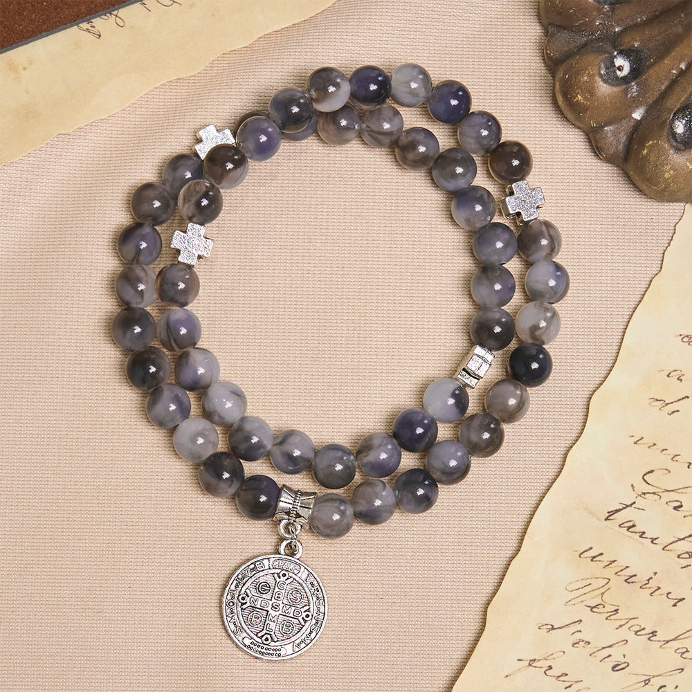 Christianartworkshop Armband mit Perlen in Grau und Schwarz mit Rosenkranz und dem Heiligen Benedikt: Schild des Glaubens - image 2
