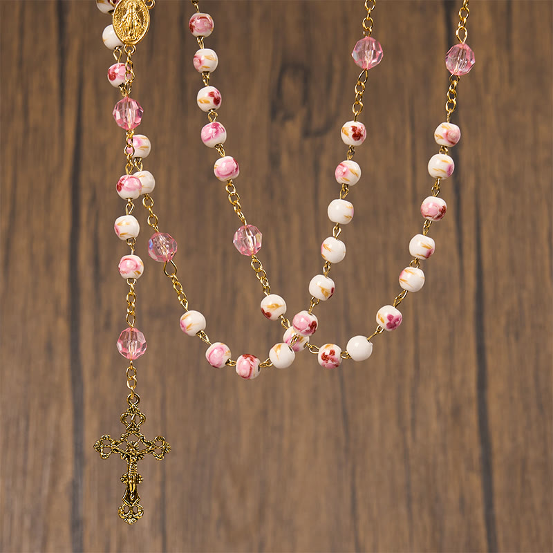 Christianartworkshop Wundertätige Medaille und Kruzifix, 8 mm rund, geblümt, rosa Keramiklegierung, Rosenkranzkette