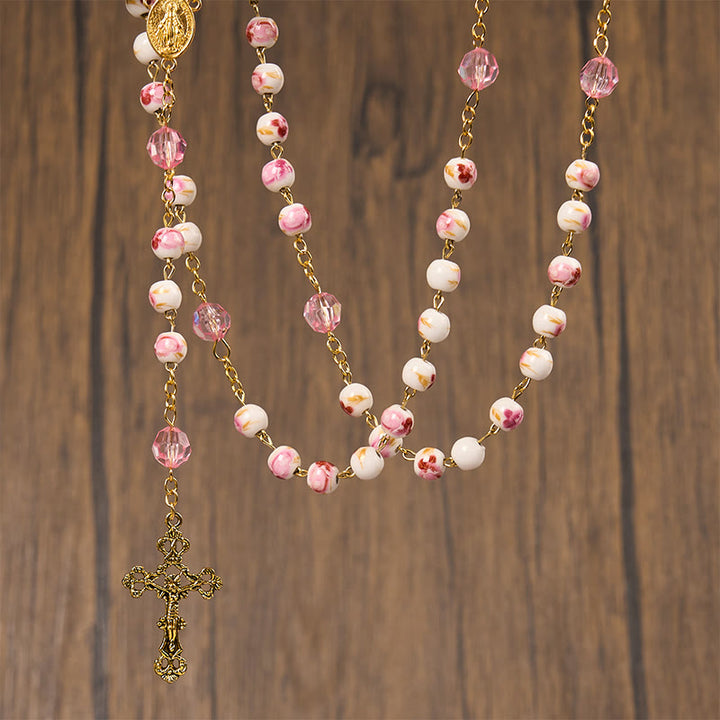 Christianartworkshop Wundertätige Medaille und Kruzifix, 8 mm rund, geblümt, rosa Keramiklegierung, Rosenkranzkette