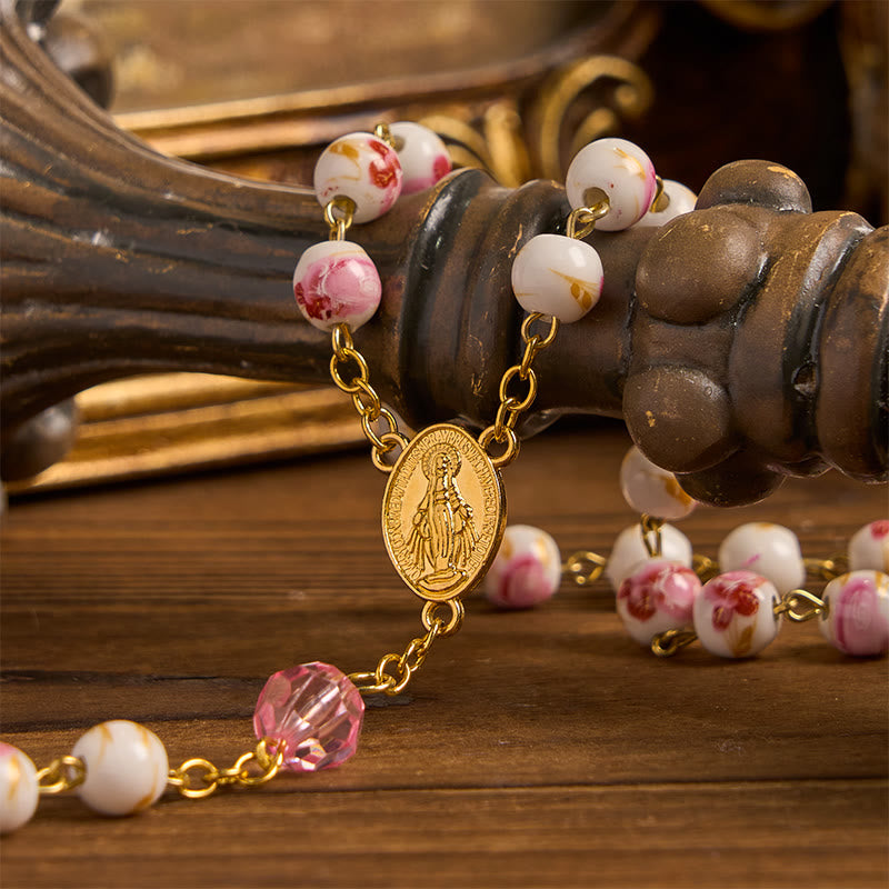 Christianartworkshop Wundertätige Medaille und Kruzifix, 8 mm rund, geblümt, rosa Keramiklegierung, Rosenkranzkette