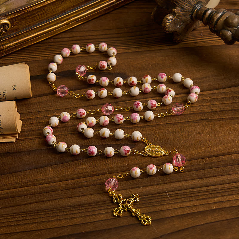 Christianartworkshop Wundertätige Medaille und Kruzifix, 8 mm rund, geblümt, rosa Keramiklegierung, Rosenkranzkette