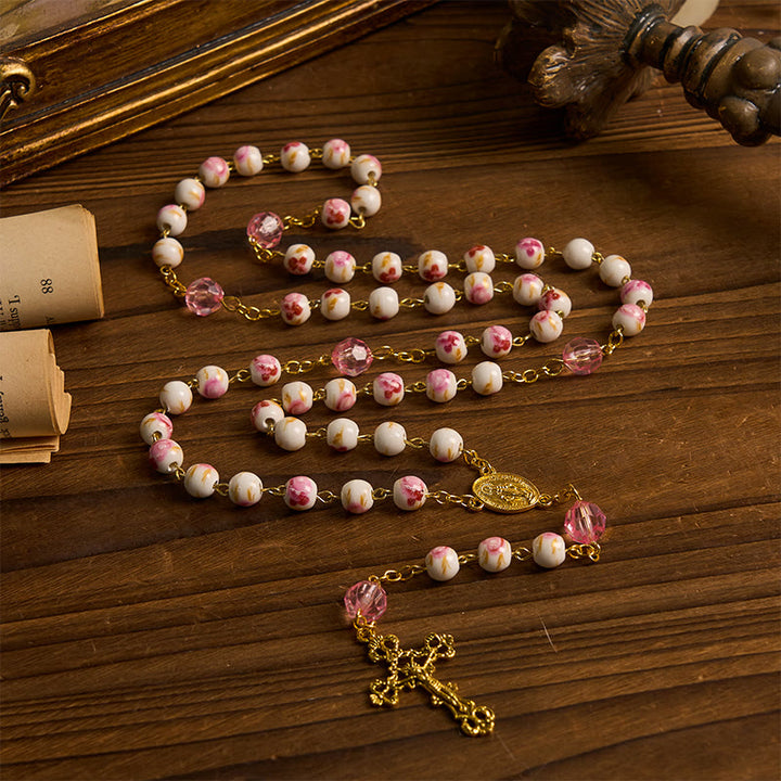 Christianartworkshop Wundertätige Medaille und Kruzifix, 8 mm rund, geblümt, rosa Keramiklegierung, Rosenkranzkette