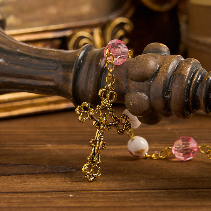 Christianartworkshop Wundertätige Medaille und Kruzifix, 8 mm rund, geblümt, rosa Keramiklegierung, Rosenkranzkette