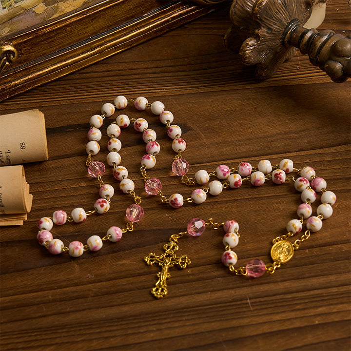 Christianartworkshop Wundertätige Medaille und Kruzifix, 8 mm rund, geblümt, rosa Keramiklegierung, Rosenkranzkette