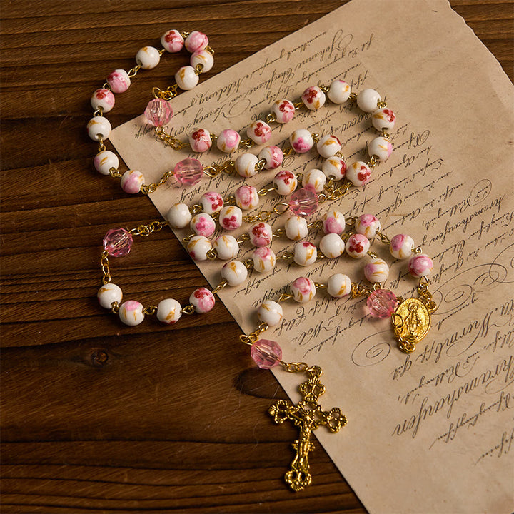 Christianartworkshop Wundertätige Medaille und Kruzifix, 8 mm rund, geblümt, rosa Keramiklegierung, Rosenkranzkette