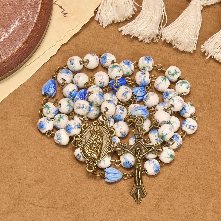 Christianartworkshop Rosenkranz mit Kette aus Acryllegierung mit dem Unbefleckten Herzen Mariens und Kruzifix, rund, 8 mm, Blau