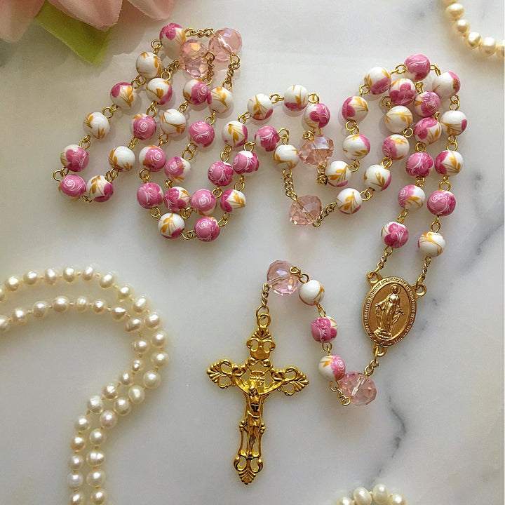 Christianartworkshop Rosenkranz mit unbeflecktem Herzen Mariens und Kruzifix, rund, 8 mm, blaue Kette aus Acryllegierung mit Blumenmuster - Rosenkranz „Rose der Gnade“ - image 12