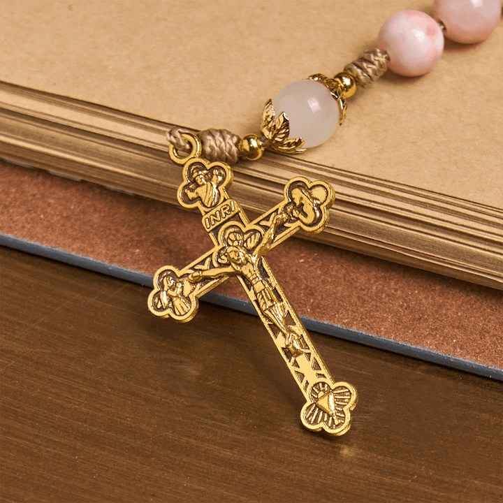Christianartworkshop GEBETSVOLLER GLAUBE: Handgefertigter Rosenkranz aus rosa glänzenden Perlen mit Geschenkkarte - image 6