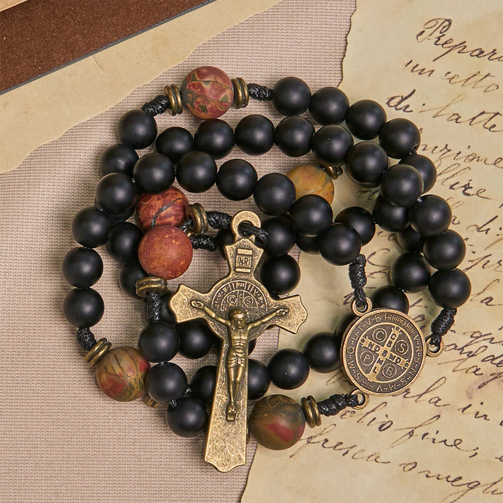 Christianartworkshop GEBETSVOLLER GLAUBE: Handgefertigter Rosenkranz in Mattschwarz und Erdtönen mit Geschenkkarte - image 6