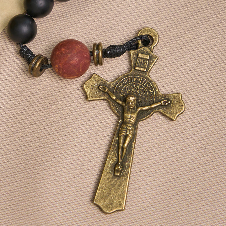 Christianartworkshop GEBETSVOLLER GLAUBE: Handgefertigter Rosenkranz in Mattschwarz und Erdtönen mit Geschenkkarte - image 8