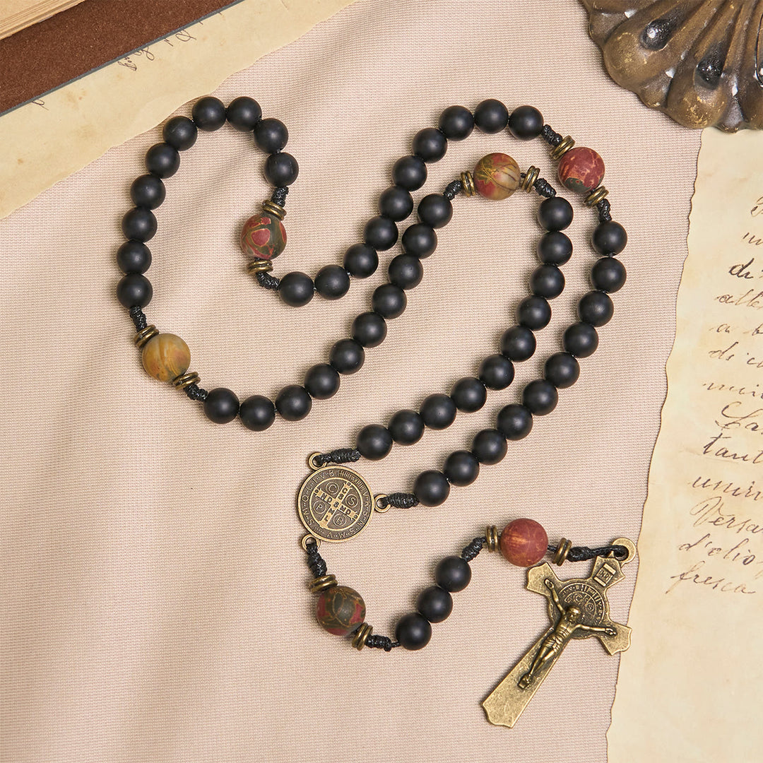 Christianartworkshop GEBETSVOLLER GLAUBE: Handgefertigter Rosenkranz in Mattschwarz und Erdtönen mit Geschenkkarte - image 2