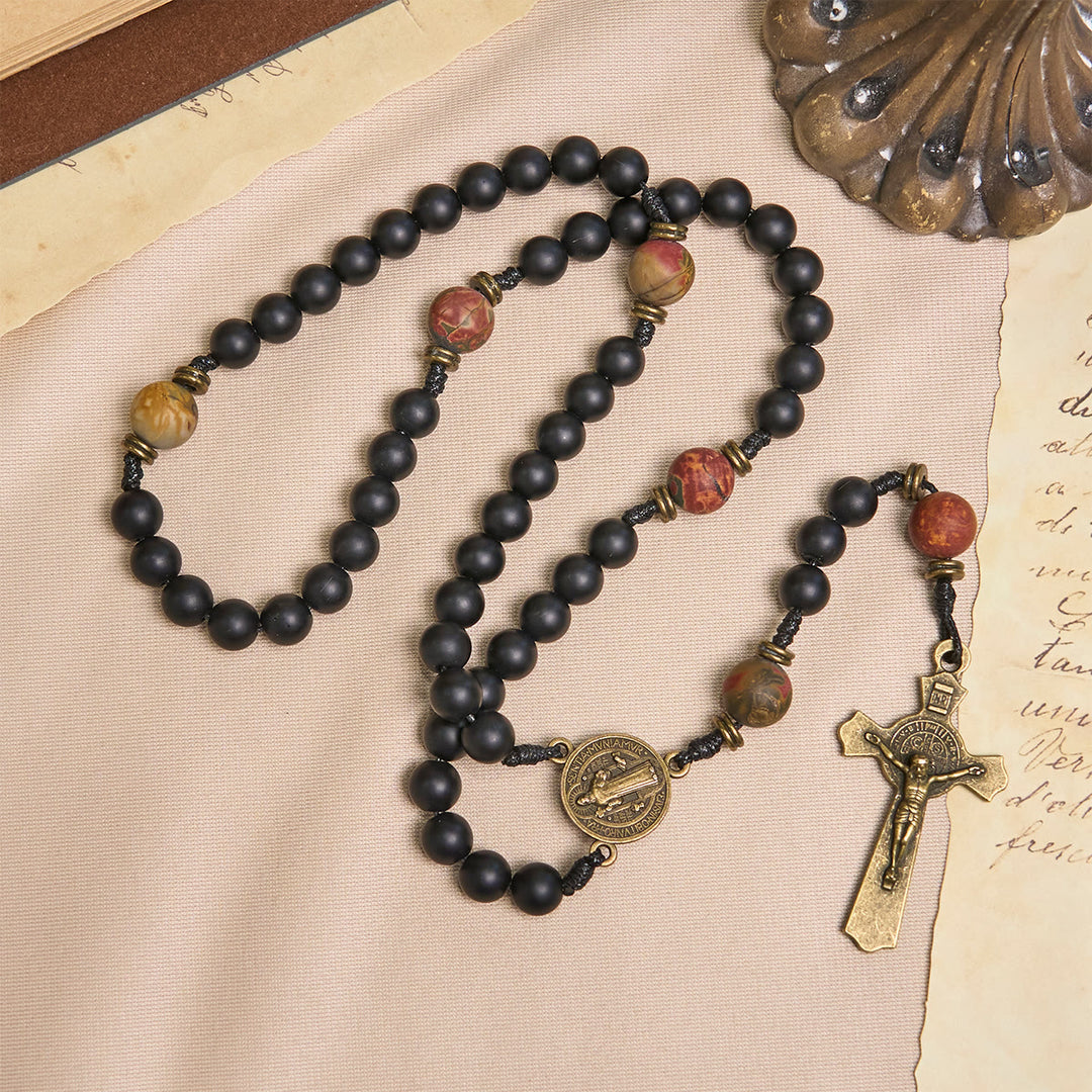 Christianartworkshop GEBETSVOLLER GLAUBE: Handgefertigter Rosenkranz in Mattschwarz und Erdtönen mit Geschenkkarte - image 5